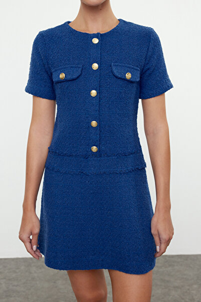 Trendyol Collection Sötétkék mini tweed ruha - A-vonalú, gombos részletek Twoaw25el00168