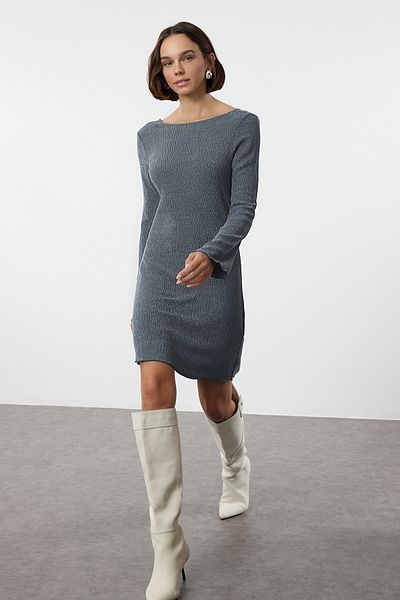Trendyol Collection Mini rochie tricotată Indigo - Croială dreaptă și spate decoltat TWOAW25EL00460