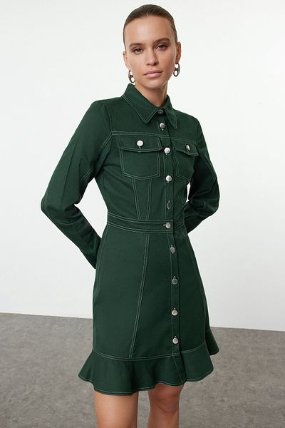 Trendyol Collection Χακί Μίνι Πουκάμισο Φόρεμα - Λεπτομέρεια με κουμπιά και ραφές, Υφαντό, TWOAW23EL01424