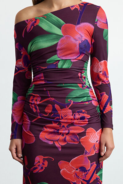 Trendyol Collection Colorful Floral Pattern - Drape Detailed Maxi Knitted Dress Twoaw25El00528