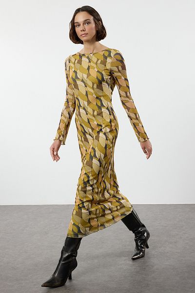 Trendyol Collection Πράσινο Maxi Stretchy Πλεκτό Μολύβι Φόρεμα - Πίσω Λεπτομέρεια που εφαρμόζει στο σώμα TWOAW24EL00319