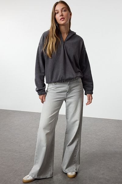 Trendyol Collection Anthracite Hooded Zip Collar Knitted Sweatshirt - Regular Fit Twoaw25Sw00237