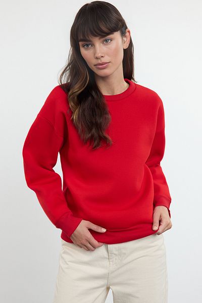 Trendyol Collection Red Knitted Sweatshirt with Thick Fleece Inside - Crew Neck Twoaw24Sw00101