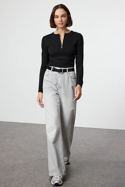 Trendyol Collection Pulover negru subțire din tricotaje - Fermoar cu jumătate de plachetă TWOAW25KZ00119