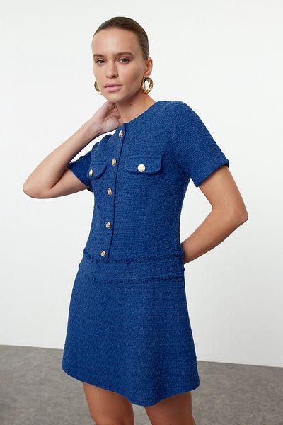 Trendyol Collection Marineblaues Mini-Tweedkleid - A-Linie, Knopfdetail Twoaw25el00168