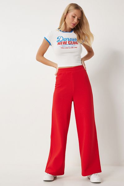 Happiness İstanbul Rote, gerippte, dicke Jogginghose mit weitem Bein für Damen OW00052
