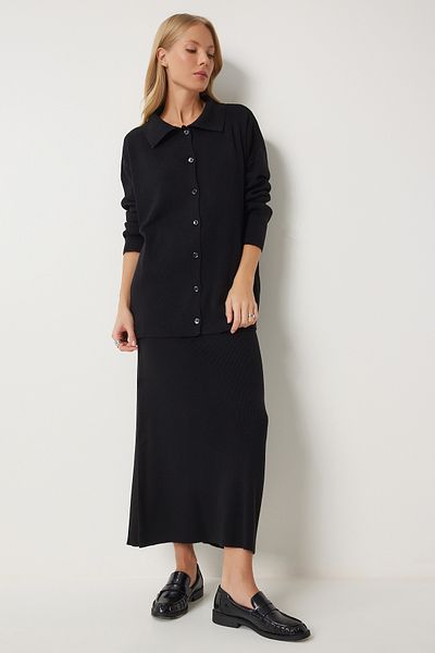 Happiness İstanbul Polo Neck Women's Knitwear Cardigan and Skirt Set - Black Pf00090