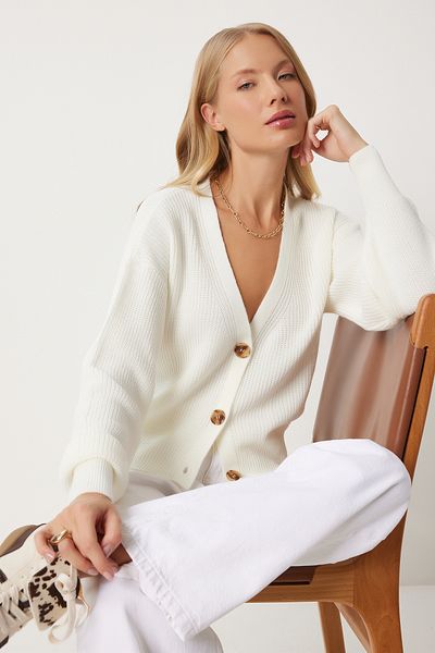 Happiness İstanbul Women's Ecru V-Neck Buttoned Knitwear Cardigan ZA00025
