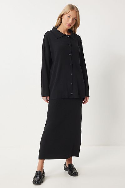 Happiness İstanbul Polo Neck Women's Knitwear Cardigan and Skirt Set - Black Pf00090