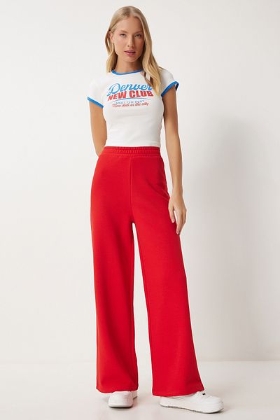 Happiness İstanbul Rote, gerippte, dicke Jogginghose mit weitem Bein für Damen OW00052