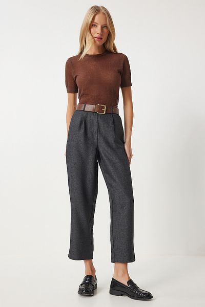 Happiness İstanbul High Waist Anthracite Pleated Women's Woven Trousers - Fn03376