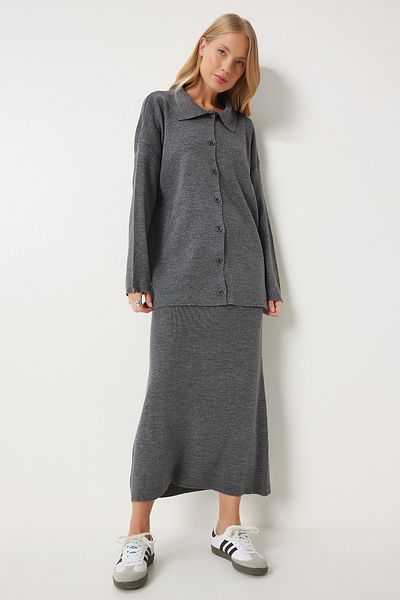Happiness İstanbul Gray Polo Collar Knitwear Cardigan and Skirt Set - Pf00090