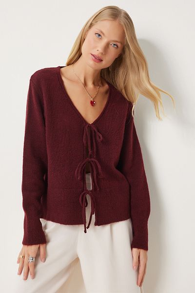 Happiness İstanbul Claret Red V-Neck Bow Knitwear Women's Cardigan - Pf00091