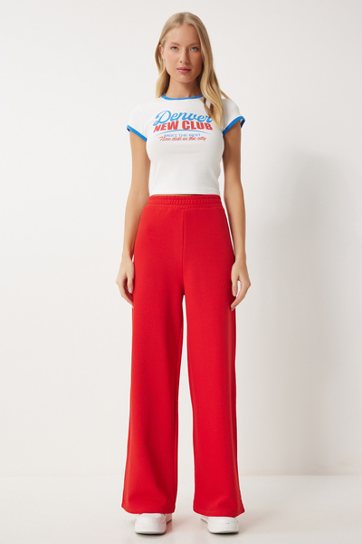 Happiness İstanbul Kadın Kırmızı Bol Paça Şardonlu Kalın Eşofman Altı OW00052