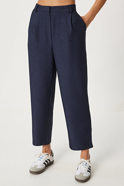 Happiness İstanbul Navy Blue High Waist Pleated Women's Woven Trousers - Fn03376