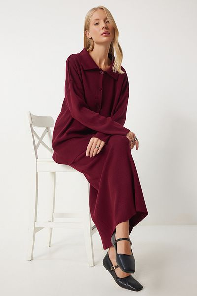 Happiness İstanbul Weinrotes Strick-Cardigan- und Rock-Set mit Polokragen – PF00090