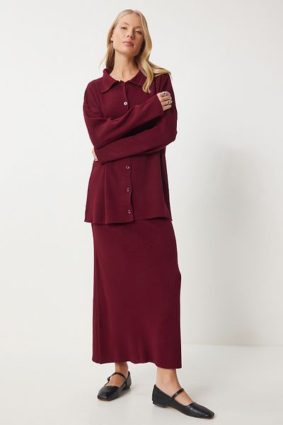 Happiness İstanbul Weinrotes Strick-Cardigan- und Rock-Set mit Polokragen – PF00090