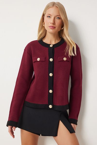 Happiness İstanbul Claret Red Knitwear Cardigan - Stylový zapínaný a proužkovaný Pf00092