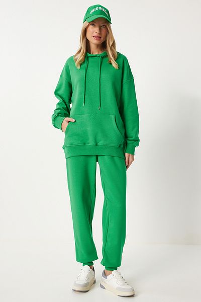 Happiness İstanbul Grünes Oversize-Kapuzen-Sweatshirt und Jogger-Trainingsanzug-Set – PYS0027