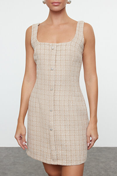 Trendyol Collection Beige Tweed Woven Short Evening Dress Night Graduation Dress Tpraw25El00076