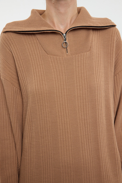 Edit by Trendyol Camel Devik Collar Zipper Detailed Knitwear Dress Tedaw25Eb00006