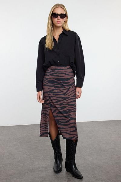 Trendyol Collection Ευέλικτη Pencil Φούστα - Καφέ Animal Printed, Twoaw25Et00132