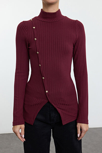 Trendyol Collection Stretchy Corded Burgundy Knitted Blouse - Button Detail, Fitted Twoaw25Bz00224