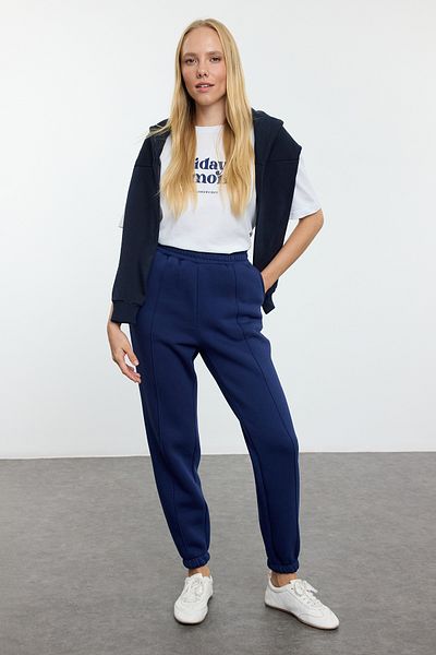 Trendyol Collection Námořnická modrá žebrované volné Jogger tlusté uvnitř fleecové pletené tepláky kalhoty TWOAW25EA00029