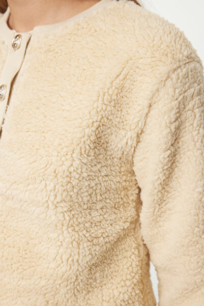 Trendyol Collection Plush Crop Cardigan - Stone Gold Buttoned, Knitted, Twoaw24hi00412