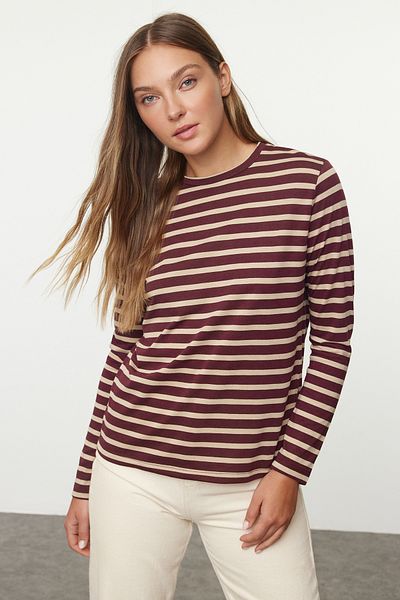 Kolekcia Trendyol Basic Crew Neck Claret Red-Stone pruhované pletené tričko - Twoaw23Ts00002
