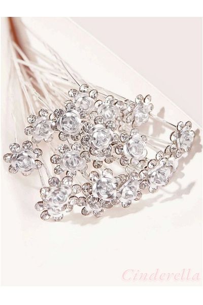 Cinderella Pachet de 10 mini agrafă cu design de flori din piatră de cristal, argintiu - Accesoriu pentru păr pentru nuntă, burlac