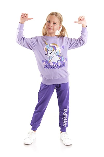 AHENGİM Unicorn nyomott lány pamut pulóver és melegítőnadrág szett - Ak2541