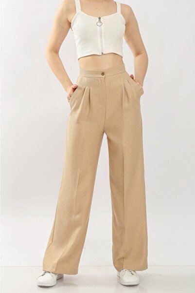 Fovere Γυναικείο παντελόνι σε μπεζ χρώμα με εξαιρετικά ψηλή μέση Yünefek Palazzo