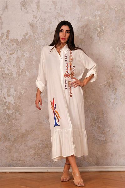 Markano White Front Embroidered Skirt Ruffle Embroidered Oversize Shirt Dress