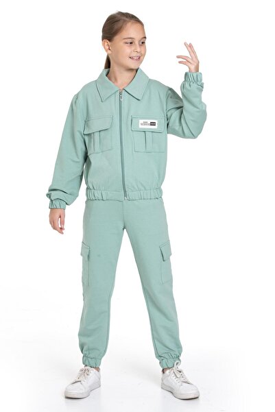 zepkids Polo Collar Long Sleeve Cargo Pocket Elastic Cagla Green Color Girl's Tracksuit Set