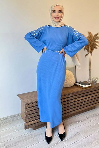 julude Rochie de damă tricotată cu mânecă musulmană cu perle de piatră albastră