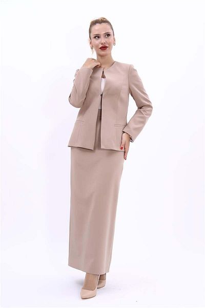 ÖNDER ÖZSOY Stone Colored Oval Collar Long Jacket and Pencil Skirt Set