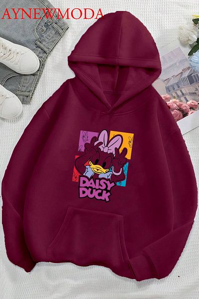 aynewmoda Daisy Duck Front Printed Burgundy Oversize Hooded Sweatshirt