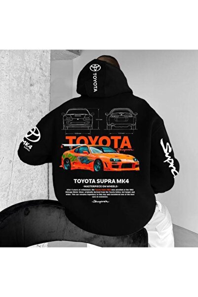Genel Markalar Toyota Supra Baskılı Siyah Kapşonlu Sweatshirt