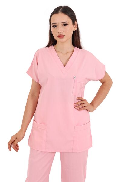 FORMACI KAZIM Pembe Soft Likralı Unisex Hemşire ve Doktor Üniforma Sucrubs Takım