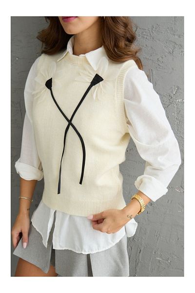Elif Özbey Butik Linen Ecru Sweater - Floral Detailed
