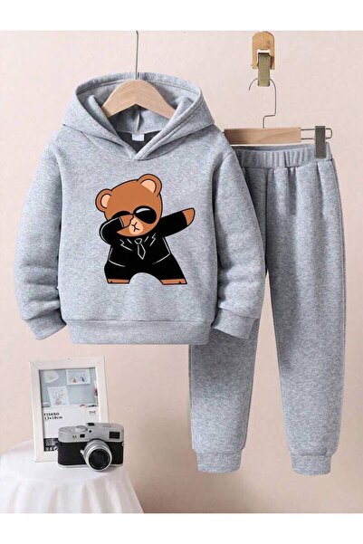 Cool Art Gözlüklü Ayı Pamuk Çocuk Takım - Gri Sweatshirt Jogger Baskılı Kız Erkek Çocuk Kapüşonlu