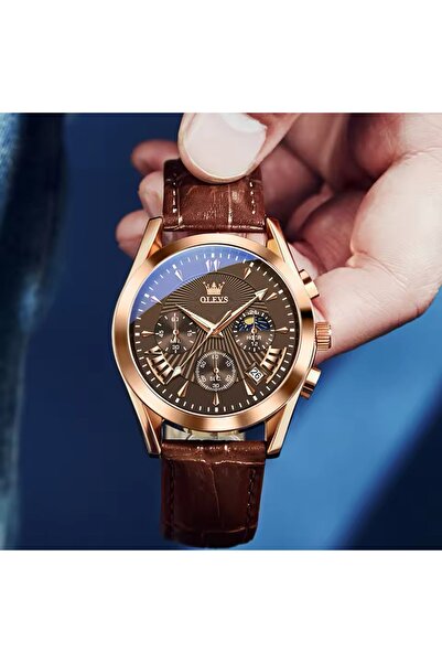 OLEVS Orijnal Paslanmaz Çelik Su Geçirmez Lüx 1. Sınıf Erkek Kol Saati DERİ ŞIK KORDON
