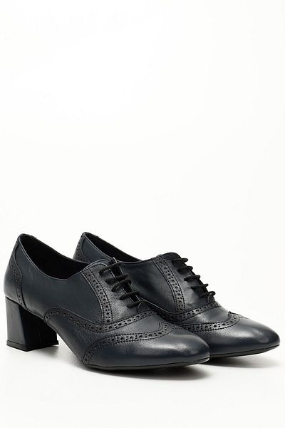 GÖNDERİ(R) Navy Blue Antique Gön Genuine Leather Round Toe Medium Thick Heeled Lace Up Women's Shoes 24216