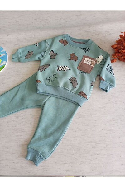 Babexi Mavi Ayıcık Figürlü Şardonlu üçiplik Kalın Kışlık Eşofman Takımı