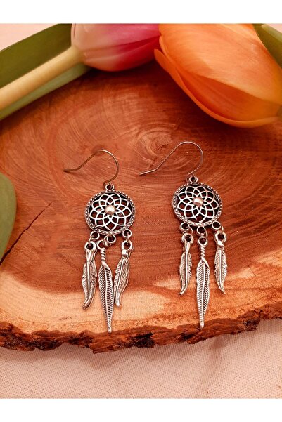 Idarosa Concept Otantik, Etnik, Bohem Gümüş Rengi Düş Kapanı Dream Catcher Hippi Küpe
