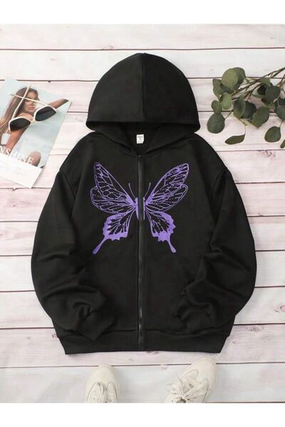 coolart Παιδική βαμβακερή ζακέτα με λογότυπο Purple Butterfly - Μαύρη στάμπα ...