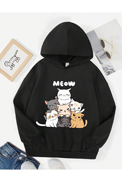 coolart Παιδικό φούτερ Meow Cats από μαύρο βαμβάκι - Χειμερινό φούτερ με κουκ...