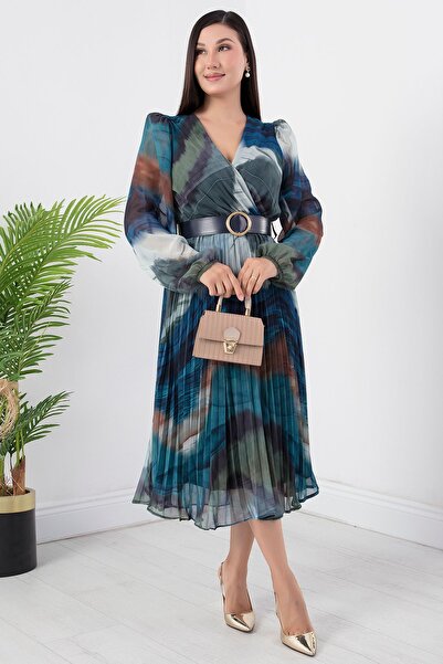 PULLIMM Kruvaze Yaka Puanlı Kemerli Şifon Elbise GRS3286