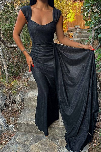 Eyyo Black Glitter Long Evening Dress ATE7688